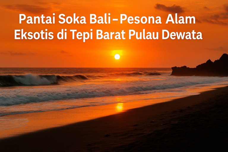 Pemandangan Pantai Soka Bali saat matahari terbenam dengan pasir hitam berkilau, ombak besar, dan tebing di tepi pantai, menampilkan keindahan alam eksotis di Bali bagian barat.