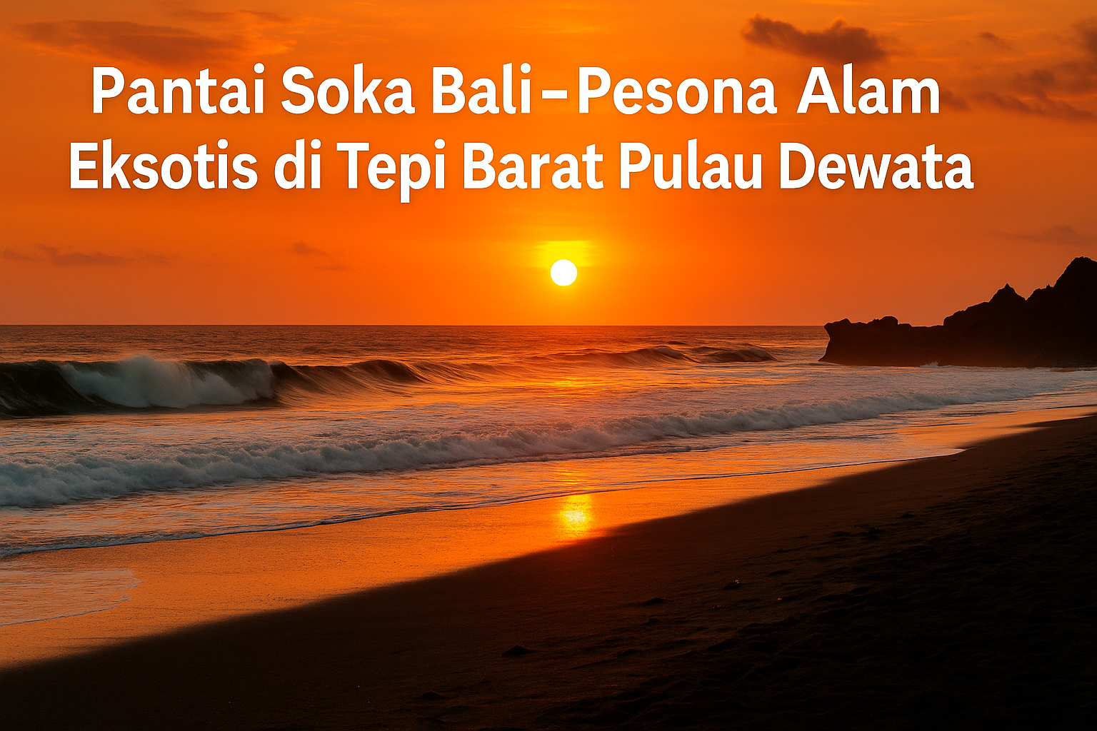 Pemandangan Pantai Soka Bali saat matahari terbenam dengan pasir hitam berkilau, ombak besar, dan tebing di tepi pantai, menampilkan keindahan alam eksotis di Bali bagian barat.