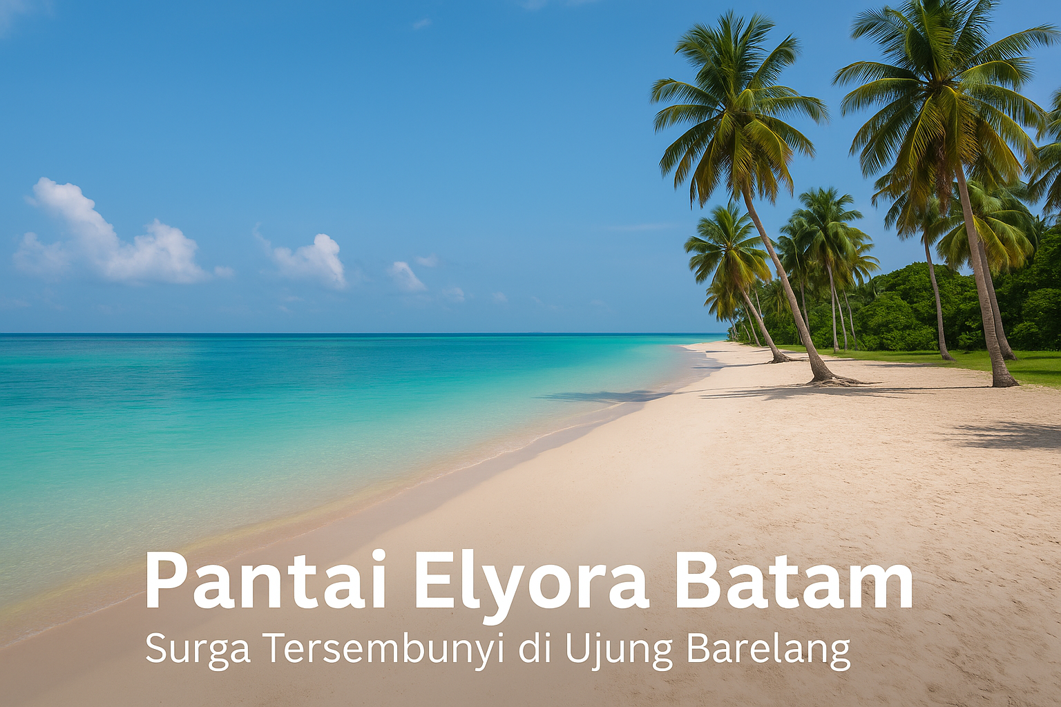 Pantai Elyora Batam dengan pasir putih dan laut biru jernih di bawah langit tropis.