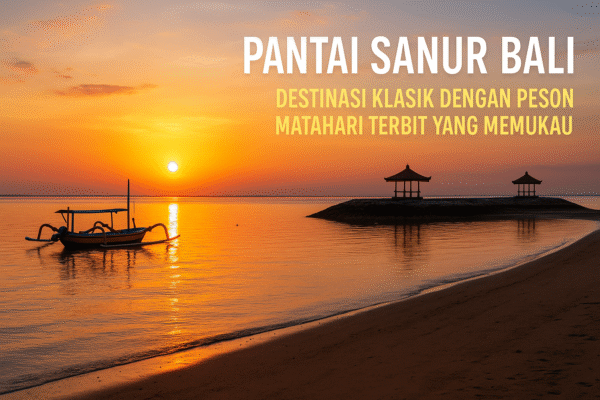 Pemandangan sunrise di Pantai Sanur Bali dengan langit berwarna jingga keemasan, perahu tradisional jukung di laut tenang, dan dua gazebo khas Bali di atas pasir putih yang memantulkan cahaya matahari pagi.