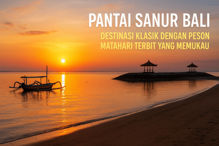 Pemandangan sunrise di Pantai Sanur Bali dengan langit berwarna jingga keemasan, perahu tradisional jukung di laut tenang, dan dua gazebo khas Bali di atas pasir putih yang memantulkan cahaya matahari pagi.