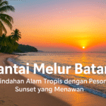 Pemandangan Pantai Melur di Batam dengan pasir putih bersih, laut biru tenang, langit oranye keemasan saat matahari terbenam, serta pepohonan kelapa yang menambah suasana tropis alami.