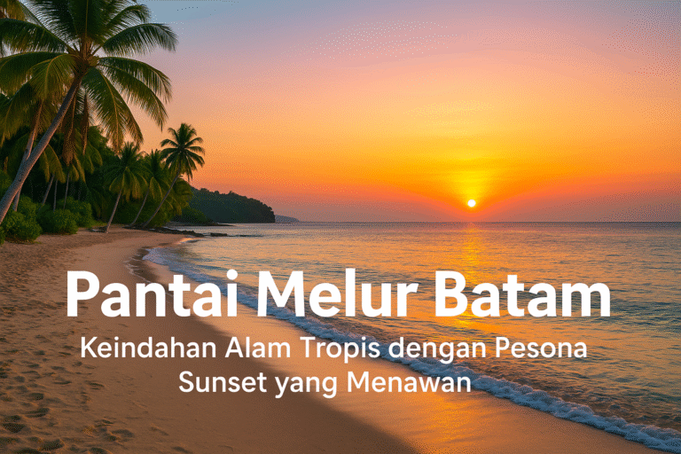Pemandangan Pantai Melur di Batam dengan pasir putih bersih, laut biru tenang, langit oranye keemasan saat matahari terbenam, serta pepohonan kelapa yang menambah suasana tropis alami.