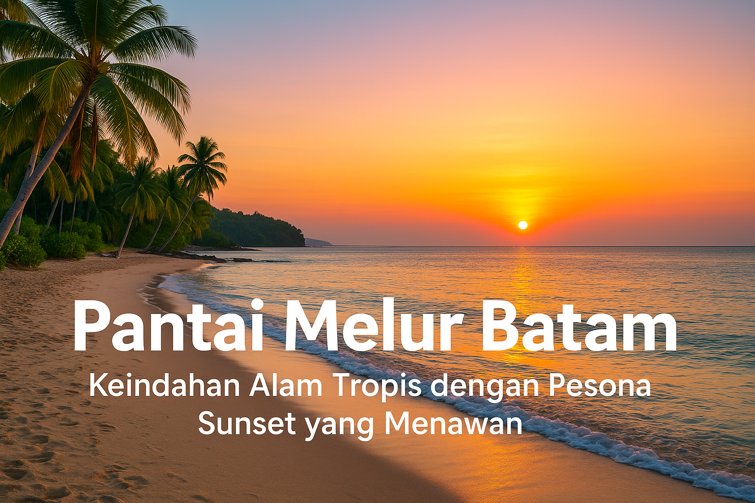 Pemandangan Pantai Melur di Batam dengan pasir putih bersih, laut biru tenang, langit oranye keemasan saat matahari terbenam, serta pepohonan kelapa yang menambah suasana tropis alami.