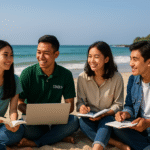 Mahasiswa Universitas Bogor belajar dan berdiskusi di Pantai Anyer dengan suasana pantai cerah.