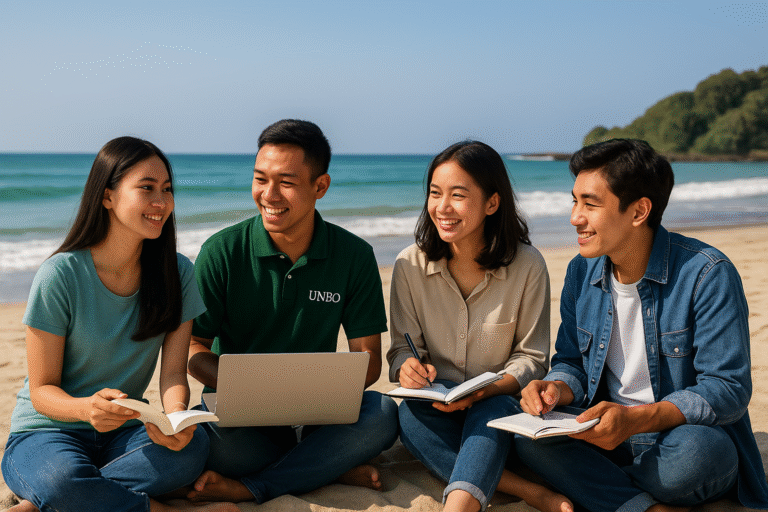 Mahasiswa Universitas Bogor belajar dan berdiskusi di Pantai Anyer dengan suasana pantai cerah.