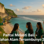 Pemandangan Pantai Melasti di Ungasan Bali dengan tebing putih dan laut biru jernih, mahasiswa menikmati pemandangan alam